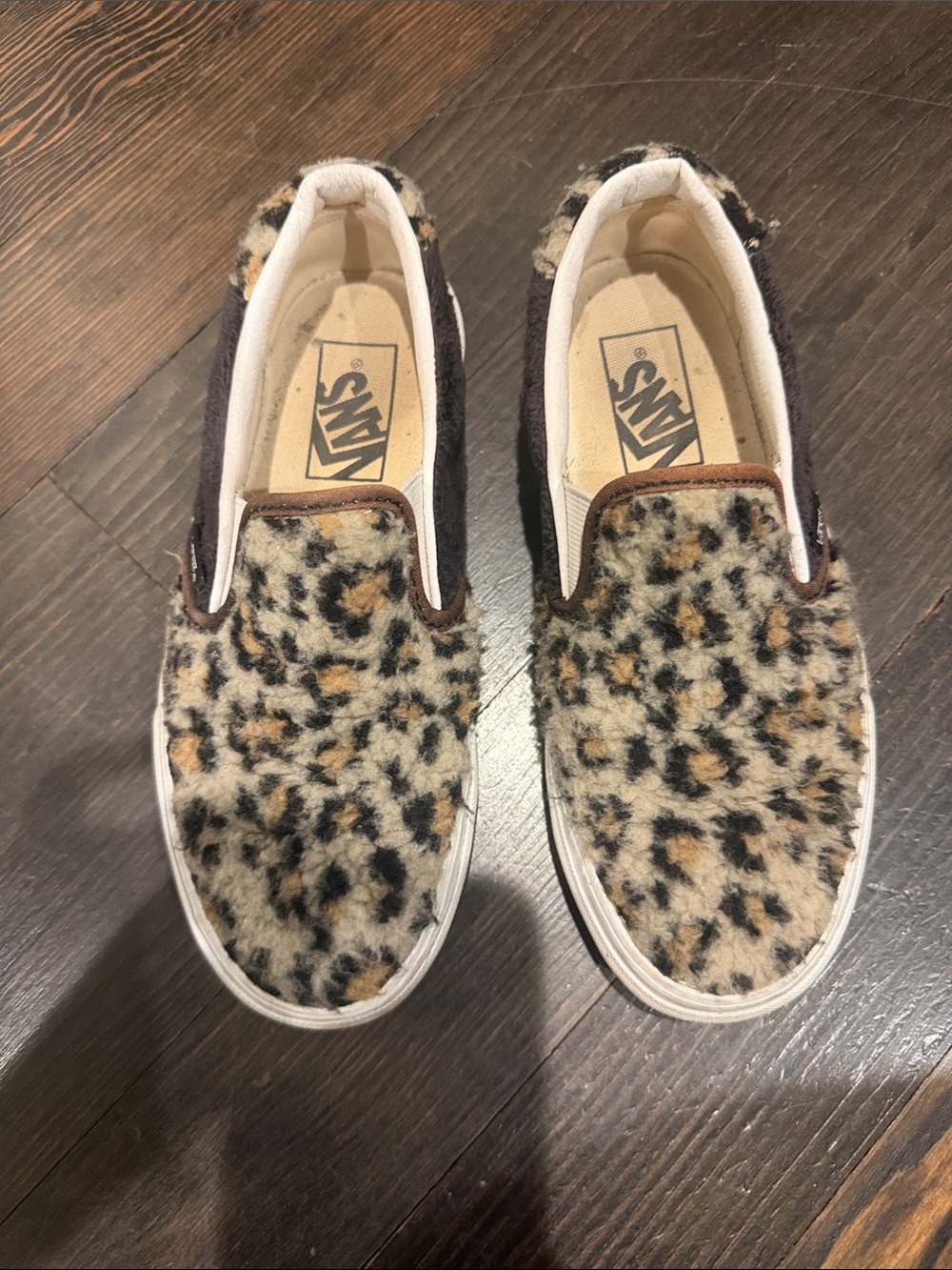 Vans Women’s  Leopard Faux Fur Slip-On Sneakers - Cream, Black, Brown. 5.5